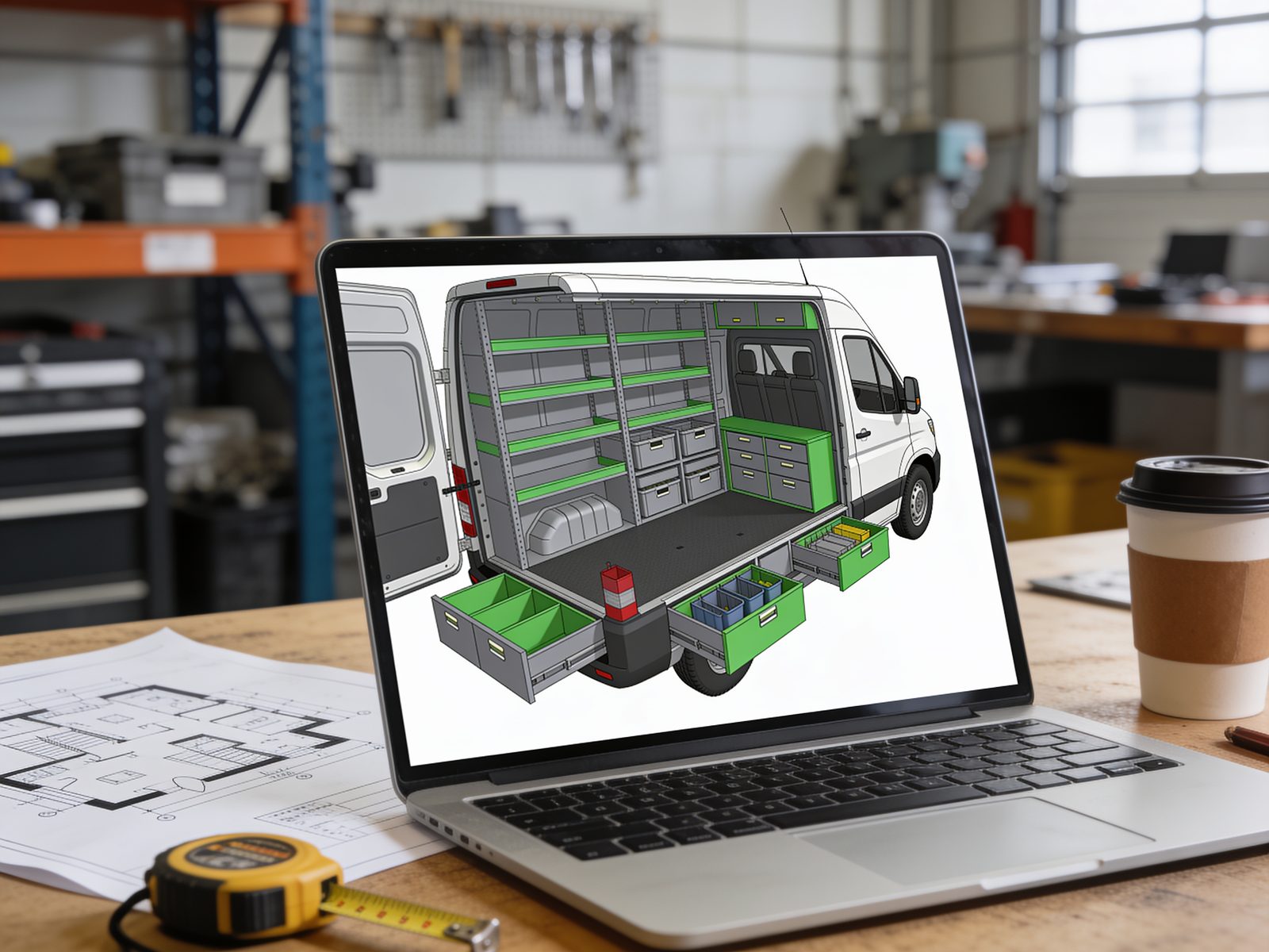 3D-Planung einer Fahrzeugeinrichtung am Laptop in der Werkstatt